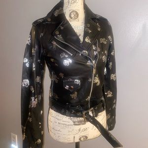 Metallic Rose Print Leather moto jacket black silver floral